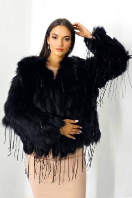 Haina eleganta Aylin, din blana naturala de vulpe, cu paiete asimetrice, Negru, Marime S/M/L 1