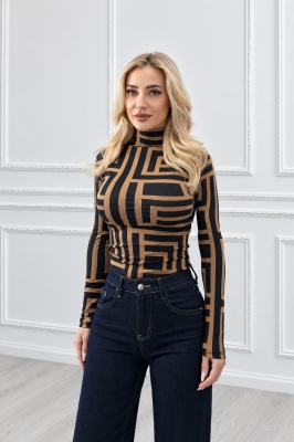Helanca subtire dama Lady Liza cu imprimeu geometric Maze si guler inalt, Negru-Maro