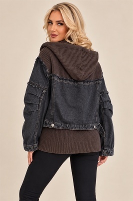 Jacheta tricotata de toamna LUREIA, cu insertii denim si gluga, Maro cafeniu, Marime S/M/L, detaliu spate