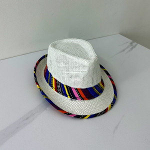 Palarie de plaja Khay, din paie, panglica multicolora, calota inalta, arcuita si bor asimetric 1
