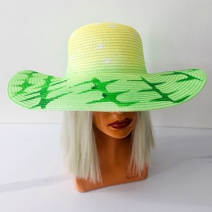 Palarie de soare SeaSide Style, cu imprimeu estival si bor lat, Verde/Galben 1