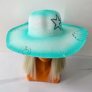 Palarie de soare SeaSide Style, cu imprimeu estival si bor lat, Turquoise 1