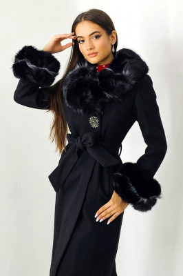 Palton elegant Anastasia, cu mansete si guler din blana sintetica, Negru 1