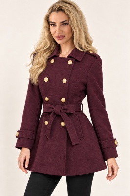 Palton scurt dama MARVENA, cu cordon detasabil si nasturi aurii, Bordo, Marime One size S/M