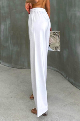Pantaloni casual HIKE, croiala wide leg si snur in talie, Alb  spate