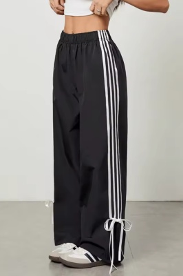 Pantaloni casual, Palazzo RIVA, cu dungi și funde decorative, Negru