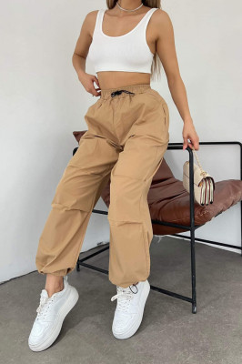 Pantaloni dama Force, croiala cargo, oversize, cu snur reglabil in talie si la baza piciorului, Maro deschis2