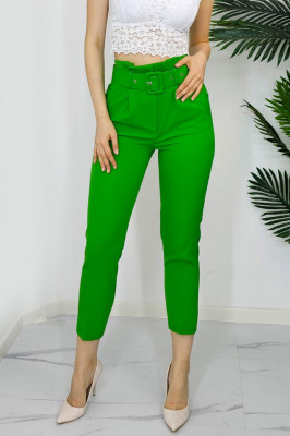 Pantaloni eleganti, Saya, cu paper bag in talie si curea asortata, Verde deschis