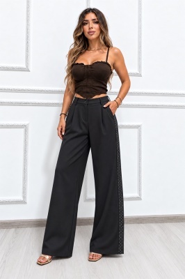 Pantaloni office CELISA, cu banda elastica la spate si cristale, Negru, Marime S/M