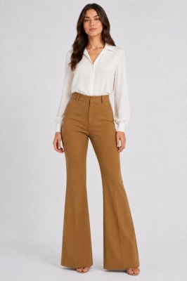 Pantaloni office Katte, croiala slim evazata si talie inalta, Bej Mocha Mousse