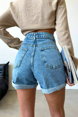 Pantaloni scurti de blugi Mika, cu manseta, croiala mom slimfit si buzunare practice, Albastru prespalat 6