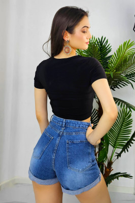 Pantaloni scurti de blugi Noah, cu perforatii, talie inalta, buzunare si manseta la baza croieli4