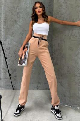 Pantaloni sport Frank, cu snur stilizat, logo si talie elastica oversize, Crem 1