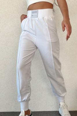 Pantaloni sport Janina, din bumbac, cu talie inalta si mansete elastice, Alb1