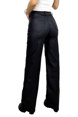Pantaloni Starry, din piele ecologica, cu buzunare si croi Large, Negru detaliu lateral