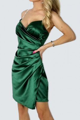 Rochie asimetrica Giraselle, cu drapaje frontale si bretelute stilizate, Verde2