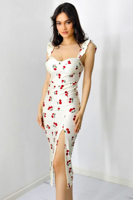Rochie bodycon Ditsy, slit adanc si imprimeu cu cirese, Alb, Marime S/M 2