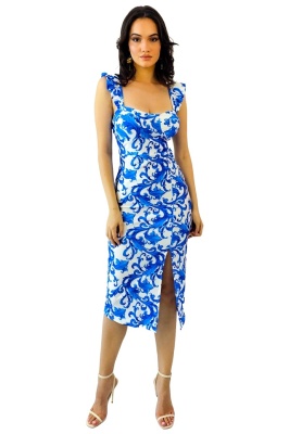 Rochie bodycon Ditsy, sliț adanc si imprimeu royal, Albastru, Marime S/M 3