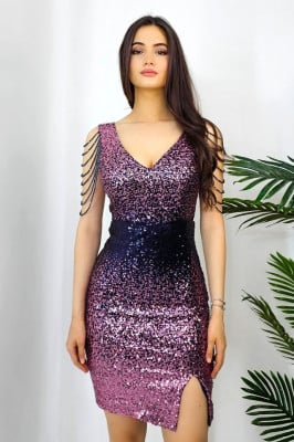 Rochie cambrata Adria, cu cristale, paiete si spate semidecupat, Albastru/Roz2