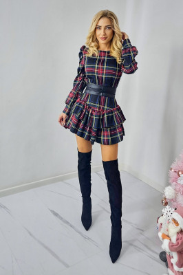Rochie Chira cu volane si umeri bufanti, in carouri, Bleumarin, Marime S/M 2