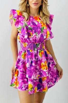 Rochie cu imprimeu floral Cezarina, croi scurt si volane, Mov, Marime S/M 2