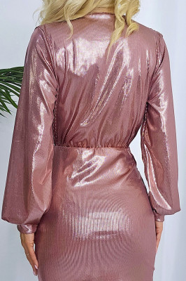 Rochie de ocazie Glena, cu aspect metalic si detaliu asimetric, Roz pal, Marime S/M 1