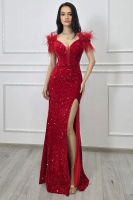 Rochie de ocazie Lady Marry, croi tip sirena, cu paiete si pene, Rosu