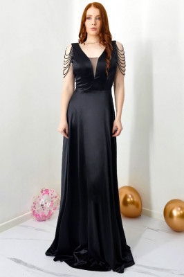 Rochie de ocazie Leontina, cu textura satinata si cristale artizanale, Negru 2