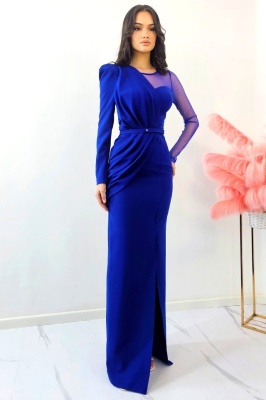 Rochie de ocazie Patricia, cu maneca lunga si detalii din tull, Albastru Royal 2