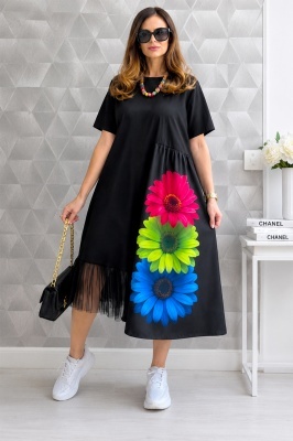 Rochie de zi Arty Fiora, cu tull si maneca scurta, Flora Belle, Marime S/M/L