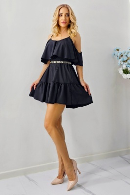 Rochie de zi StefANA, croiala scurta, decupata, cu volane, Negru, Marime S/M/L 1
