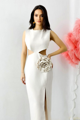 Rochie decupata Florys, croi lung cu slit si detaliu floral detasabil, Alb, Marime M/L 2