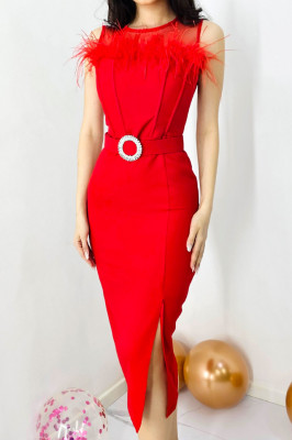 Rochie eleganta din bumbac, Naisha, cu pene naturale si crapatura laterala, Rosu 1
