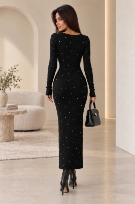 Rochie eleganta din tricot ASTRID, cu perle si croiala bodycon, Negru, detaliu spate