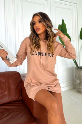 Rochie hanorac Expensive cu gluga si buzunare, Bej