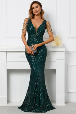 Rochie lunga Anya, cu paiete si cristale artizanale, Verde, Marime universala S/M