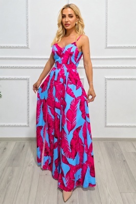 Rochie lunga Camelea, cu imprimeu floral, spatele gol si funda, Exotic Plume BLUE, Marime S/M