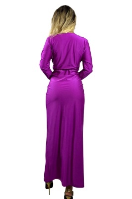 Rochie lunga de seara, Nefertiti, cu talie marcata si decolteu, Fucsia, Marime S/M