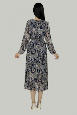 Rochie lunga Kaleya, cu textura plisata, vaporoasa si cordon in talie, Floral vintage, Antracit2