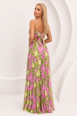 Rochie lunga plisata NYSA, cupe buretate si legare spate, Verde Olive, Marime S/M detaliu spate
