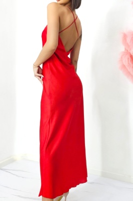 Rochie lunga satinata Priscilla, cu spatele gol si croiala halter, Rosu, Marime S/M spate