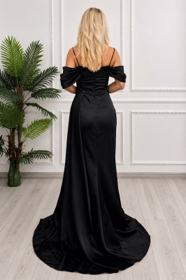 Rochie elegantă SABella din satin negru cu trenă și fermoar la spate vedere spate