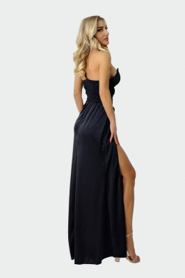 Rochie lunga Sharron, cu slit amplu pe picior si bretea pe un umar, Negru