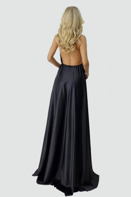 Rochie lunga Zenaida, cu guler pe gat si spatele gol, Negru