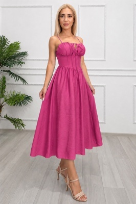 Rochie midi Ariella, cu bretele reglabile si tesatura crinkle, Fucsia, Marime S/M