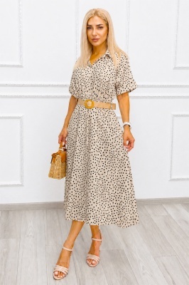 Rochie midi office casual EVELISSE cu revere elegante și fustă amplă bej