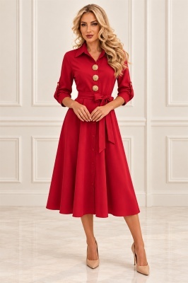 Rochie midi tip camasa OREVIA, cu cordon in talie si nasturi decorativi aurii, Rosu, Marime One Size S/M