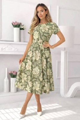 Rochie Nayla de zi, cu falduri si imprimeu floral, Verde, Marime S/M