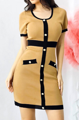 Rochie office Diana, tricot, cu buzunare decorative si maneca scurta, Crem, Marime S/M 1