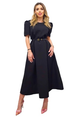 Rochie office SOREYA, cu maneca scurta si croi bufant, Negru Uni, Marimea S/M